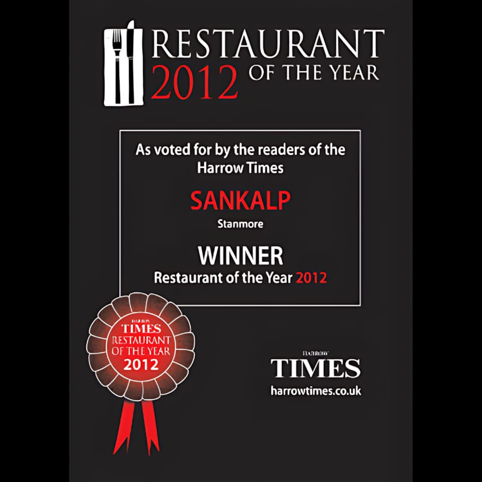 Sankalp Stanmore's "Restaurant of the Year 2012" award from the Harrow Times.