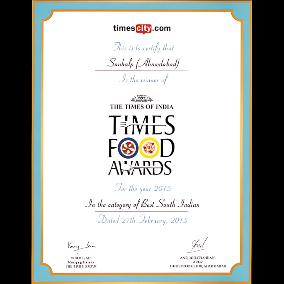 A certificate from Times Food Awards 2015, recognizing Sankalp (Ahmedabad) for Best South Indian cuisine.
