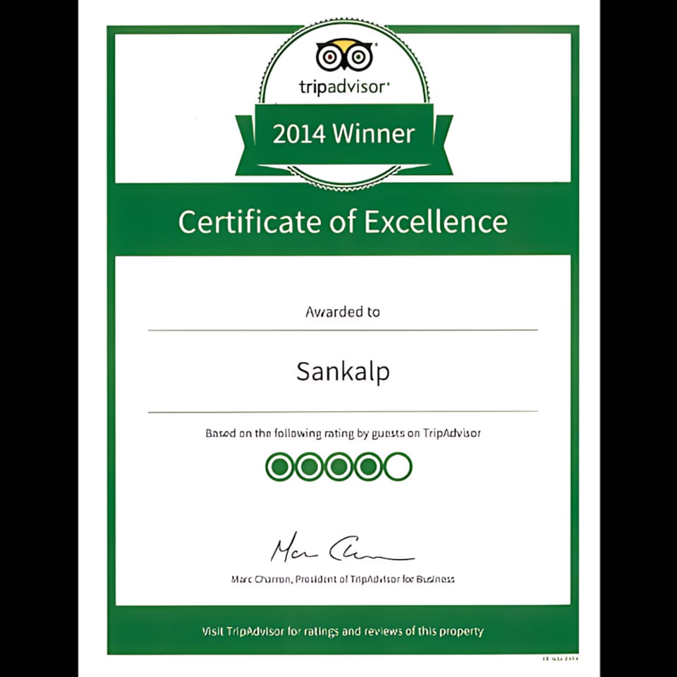 TripAdvisor Certificate of Excellence 2014 awarded to Sankalp, with a 5-star rating.