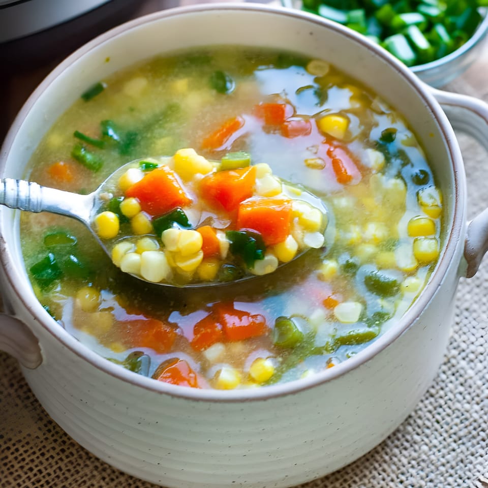 A spoon lifts vibrant corn and carrot soup from a white bowl on a burlap mat.