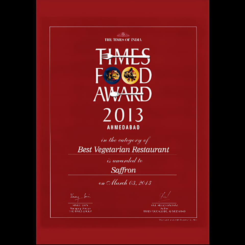 Times Food Award 2013 certificate for Best Vegetarian Restaurant awarded to Saffron.