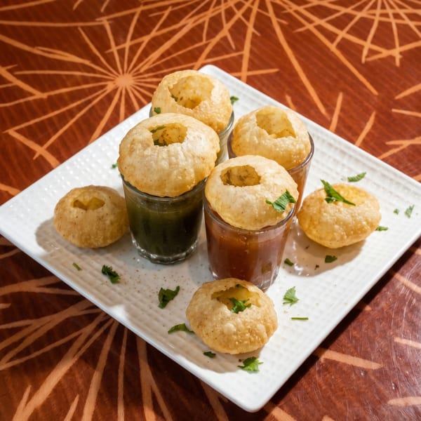 Pani Puri, an Indian street food, served in shot glasses with different flavored waters on a white plate.