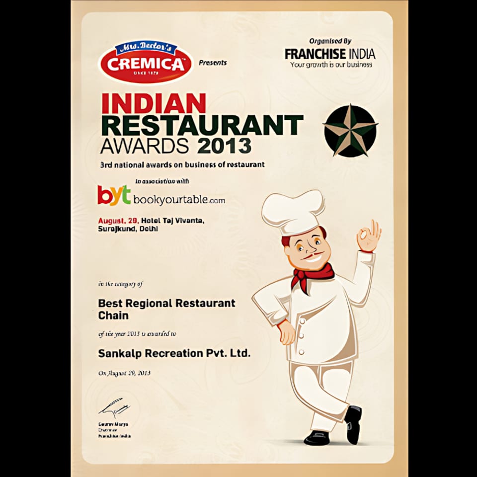 Award certificate for "Best Regional Restaurant Chain" from the Indian Restaurant Awards 2013.