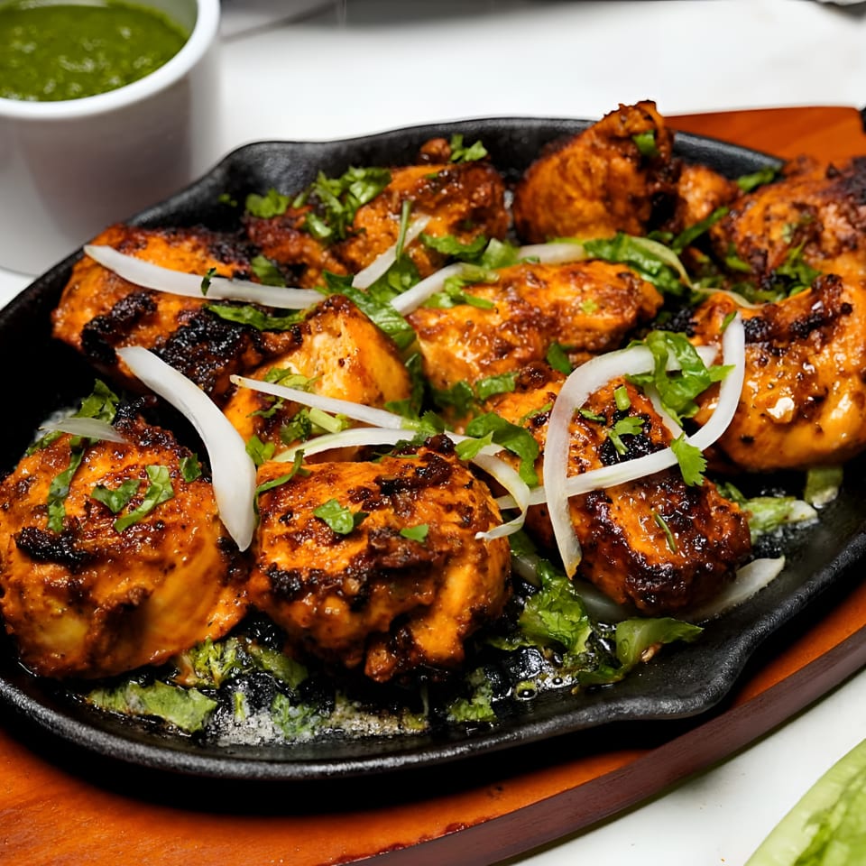 Sizzling chicken tikka with onions and cilantro on a black skillet, with green and red sauces.