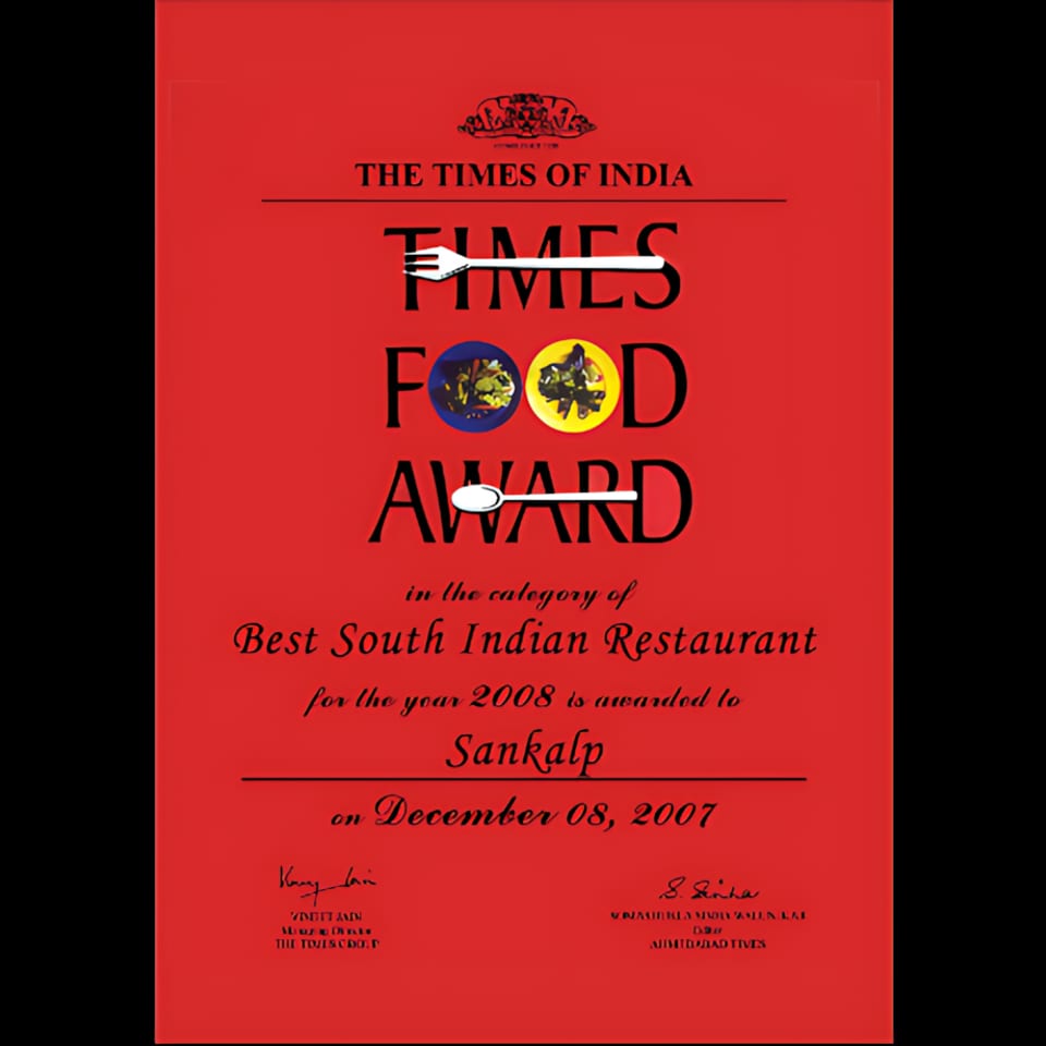 Red Times Food Award certificate for Sankalp, Best South Indian Restaurant in 2008.